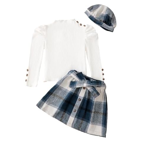 Saeaby 4T 5T Girl Clothes Toddler Girl Winter Fall Outfit Ruffle Shirt Top Girls Blue Plaid Mini Skirt Set Cute Causal Toddler Dress for Girls 4 5 Year Old Cover