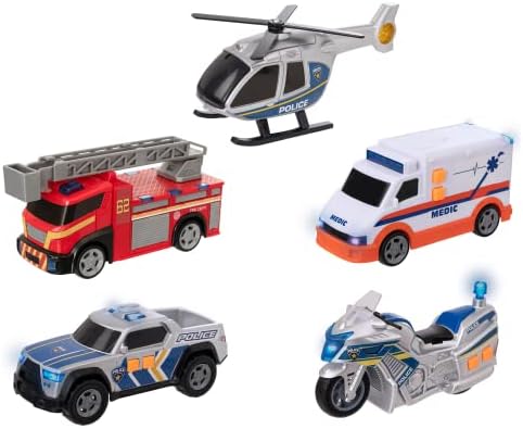 Teamsterz Light & Sound Emergency Service Team 5 Pack | Fire Truck, Police Car, Ambulance, Police Helicopter & Police Bike All Included | Kids' Play Figures & Vehicles Toy Car Set | For Ages 3+