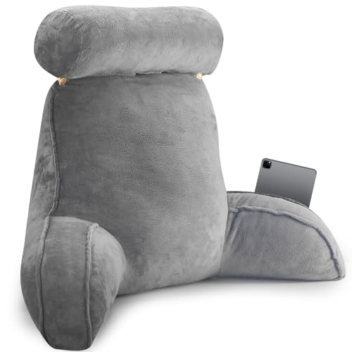 Evoio Reading Pillow for Bed Adult, Grey Large 60cm Cuddle Cushion for Sitting Up, Reading Pillow with Headrest, Arms Support, Pocket for Reading, Watching TV, Gaming, Back Pillow Chair for Bed Rest