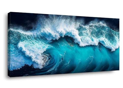 Lasdel Blue Waves of Water Meet Each Other Landscape Canvas Wall Art for Living Room Bedroom Home, Beautiful Nature Scenery Painting Print Picture Decor Artwork, Wrapped Gift Inner Frame 20x40 Inches