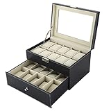 MYFULLY 20 Slot Watch Box | Watch Display Case Glass Top for Men Women PU Leather Display Storage Collection Organizer Jewelry Case with Removable Pillows