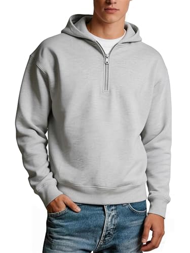 TUVEKE Grey Mens Quarter Zip Hoodies Pullover Hoodie Seam Pocket Half Zip Long Sleeve Casual Fleece Hooded Sweatshirt for Men S