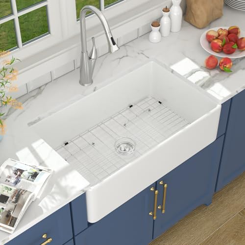 Lordear 30 Inch White Farmhouse Kitchen Sinks Apron Front Flat Fireclay 30x20 Porcelain Ceramic Farmers Single Bowl Farmer Sink Farm Sinks Basin Farm House Sink 30x20x9 Inch