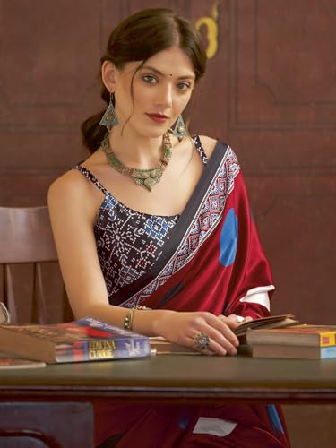Image of SAREE MALL Women's Ajrkh Print Satin Crepe Polka Dot Printed Saree With Unstitched Blouse Piece