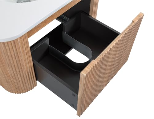 Image of 30 Inch Wall Mounted Bathroom Vanity with Ceramic Sink, Pre-Assembled Floating Vanity Cabinet with Marble Countertop, Wave Texture Finish & Drawer, Wood