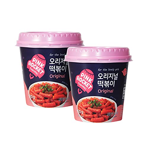 Pink Rocket Topokki, Korean Tteokbokki Rice Cake, Original Spicy, Pack of 2 Cups(120g), 2 Servings