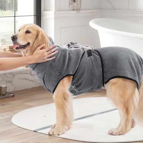 PETTOM Hunde-Bademantel Mikrofaser Hundehandtuch Schnell Trocknend mikrofaser Handtuch Super Saugfähig Komfortabel und mit Verstellbaren Trägern für Große Mittelgroße und Kleine Hunde, Grau (XL)