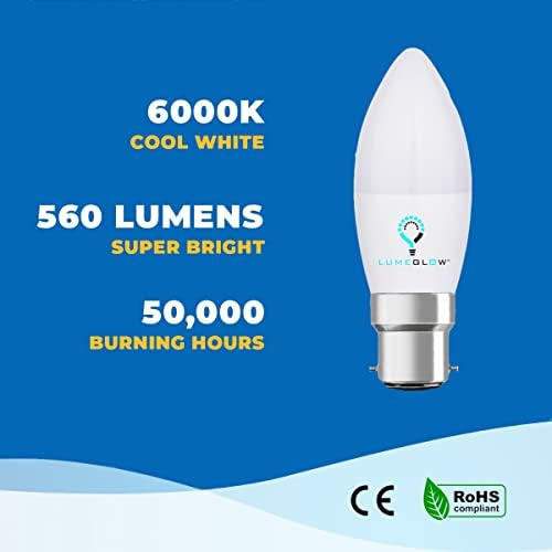 LumeGlow B22 Bayonet Cap Candle LED Light Bulb | 6W Energy-Saving Bulb (40W Equivalent) | C37 Shape | Long Life (50,000 Hours) | (3, Cool White 6000k)