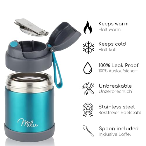 Image of Milu Food Flask for Hot Food - 300ml Leakproof Insulated Stainless Steel Thermal Lunch Box, Soup Container with Spoon, BPA-Free, To go Meal Prep, Porridge (Green, 300ml)