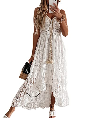 Yoisdtxc Women's Summer Casual Lace Hem Dress Deep V Neck Sleeveless Beachwear Spaghetti Straps Backless Ruffle Mini Dress (A-White, M)