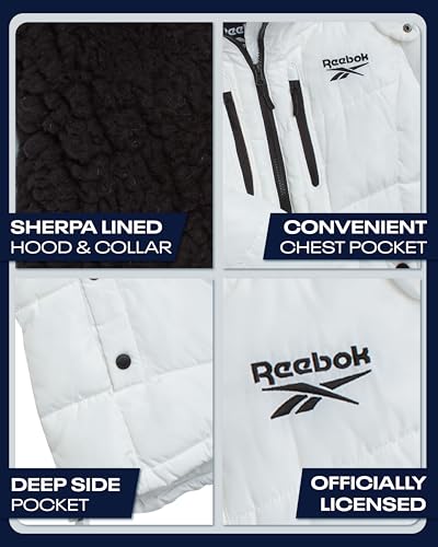 Reebok Womens Puffer Jacket - Heavyweight Puffer Coat with Faux Fur Trim Hood - Outerwear Down Winter Jackets for Women, Size Medium, Winter White