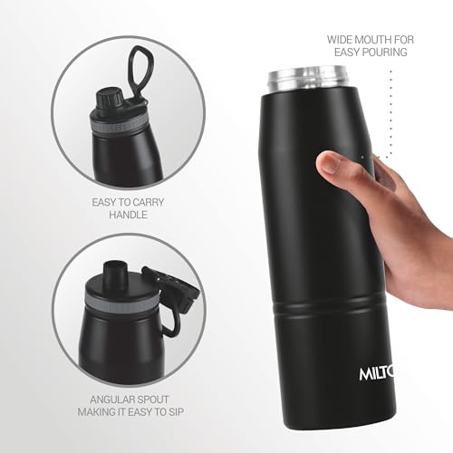 Image of Milton Sparkle 600 Thermosteel Water Bottle with Easy Sip Cap and Handle, 620 ml, Vacuum Insulated Stainless Steel, Hot and Cold, On The Go Bottle for Office College, Black