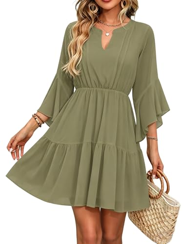 Image of Womens Spring Summer Mini Dress Western Ruffled Sleeve Chiffon V Neck Flowy A Line Short Wedding Guest Party Dresses
