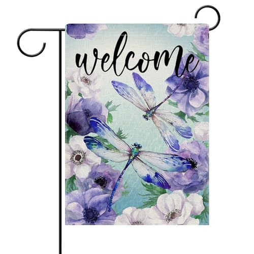 Dyrenson Welcome Spring Summer Dragonfly Decorative Garden Flag, Purple White Anemone Floral Flower Yard Outside Home Decoration, Seasonal Burlap Outdoor Small Decor Double Sided 12 x 18