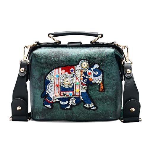 Vintage Thai Elephant Embroidery Crossbody Bag,Top Handle Purse for Women,Leather Handbag with Adjustable Strap