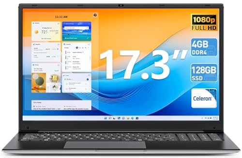 SGIN Laptops,17.3 Inch Laptop, 4GB DDR4 128GB SSD Laptops Computer with Dual-Core N4000 Processor (up to 2.6 GHz), 8000mAh, Webcam, Mini HDMI, USB3.2 * 2, Dual WiFi, Type-C(Black)