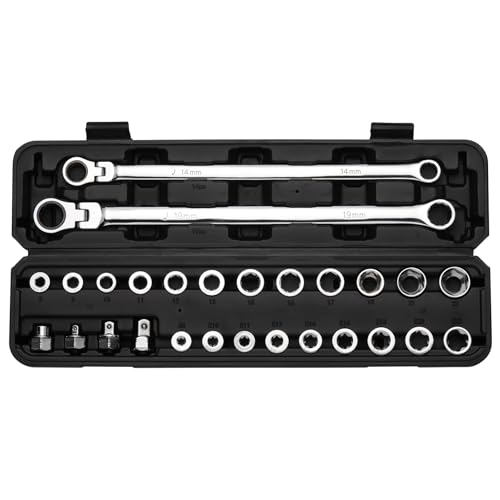 Mayouko 27PCS Extra Long Flex Head Ratcheting Wrench Set, 14 & 19mm Wrench, Double Box End Ratchet Wrench Set with E-Type 8-22mm Replacement Heads, 72 Tooth, CR-V Steel