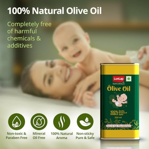 LuvLap Naturals Baby Body Massage Olive Oil, 100% Olive Oil for New Born, 200 ML, Spanish Premium, Enriched with Vitamin E, Enhances Bone & Muscle Strength