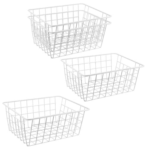 JIEHIN 4 cestas de alambre de metal blanco, 28 x 22 x 12 cm, cestas de almacenamiento apilables para baño, oficina, cocina, armario, estantería