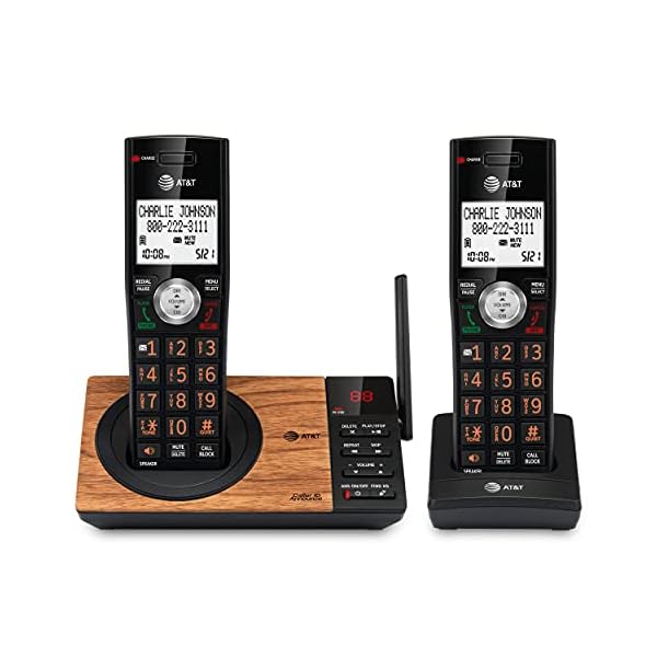 AT&T CL82267 DECT 6.0 2-Handset Cordless Phone for Home with Answering Machine, Call Blocking, Caller ID Announcer, Intercom and Long Range, Black & Wood Grain Finish