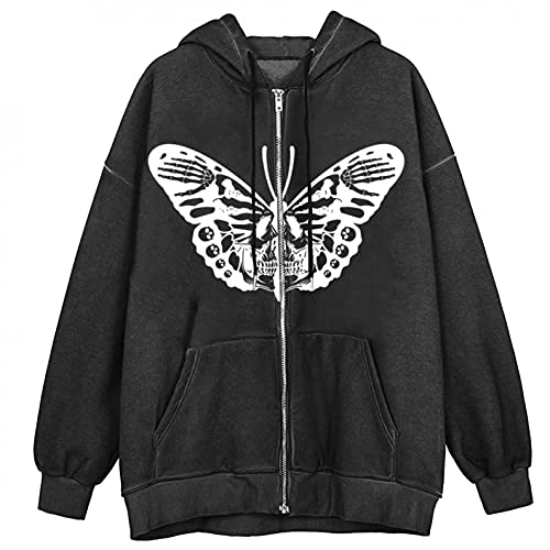 Women s Y2k Zip Up Hoodies Oversized Long Sleeve Hooded Sweatshirt Skeleton Punk Goth Jacket Tops with Pockets Black