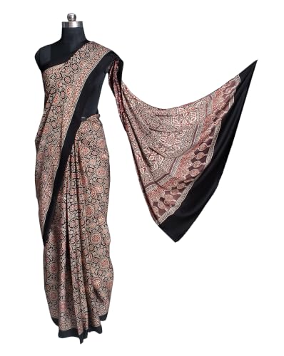 Image of Ethnics of Kutch Womenss Ajrakh Modal Silk Natural Dye Hand Block Print Saree with Blouse Piece - 5.5 Mtr Length