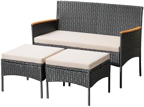 Devoko Patio Furniture Set 3 Piece Outdoor Conversation Set Wicker Loveseat with Ottoman for Balcony Lawn Porch (Beige)
