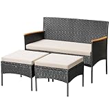 Devoko Patio Furniture Set 3 Piece Outdoor Conversation Set Wicker Loveseat with Ottoman for Balcony Lawn Porch (Beige)