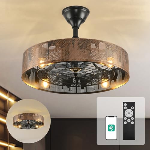 Orison Caged Ceiling Fan with Lights Remote Control Modern Enclosed Ceiling Fan with 6 Speeds Adjustable Industrial Ceiling Fan Light Kit for Living Room Bedroom Kitchen Bulbs Included