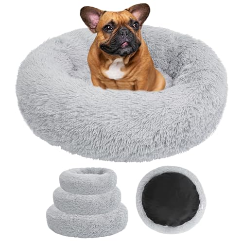 HapToyPet Calming Donut Dog & Cat Bed, 27''x27''x8'' Anti-Anxiety Washable Plush Pet Bed, Soft Round Cushion, Anti-Slip, for Large Dogs, Fits Up to 35 lbs (Grey) - L