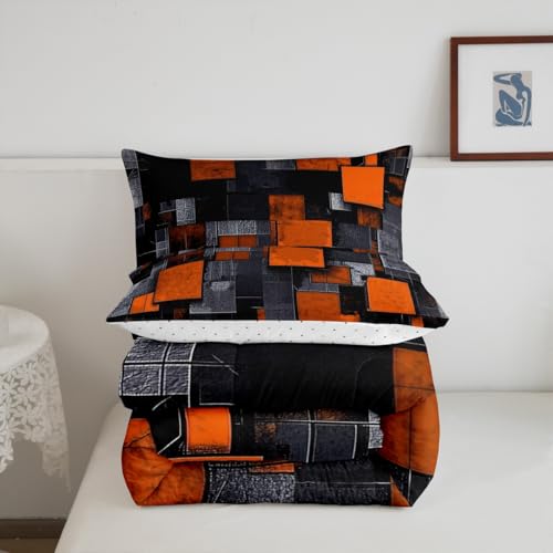 Image of Feelyou Orange Black Bedding Set Twin Size, Kids Geometric Grid Comforter Set Geometrics Comforter Abstract Art Duvet Insert Bed Set 2Pcs