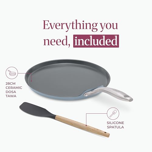 Image of Asai Ceramic Non Stick Dosa Tawa 28cm with Silicone Spatula | Blue | 100% Toxin Free | Superior Swiss Ceramic Cookware | Gas & Induction Compatible | Dosa, Chilla Pan | Lab Tested | Steel Handle