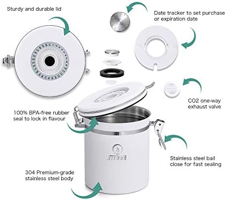 JENNIMER 4-Pieces Coffee Canister Airtight,Stainless Steel Storage Fresher Beans and Grounds for Longer Canister with Date Tracker, CO2-Release Valve and Measuring Scoop (White)