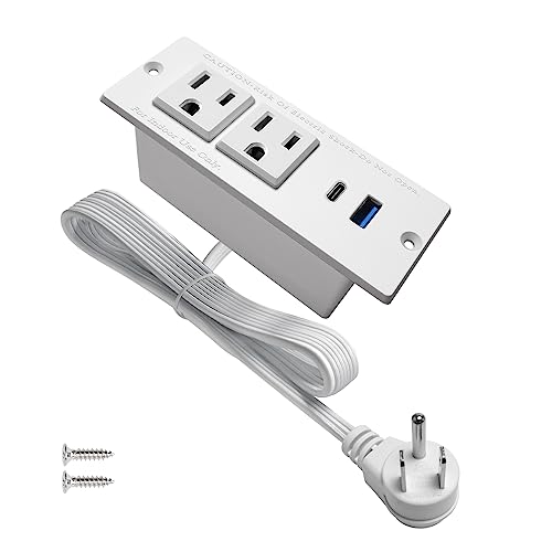 USB C Recessed Power Strip Fast Charge Desktop Power Station 2 Outlets 2 USB (PD20W & QC18W, Total 20W) Mountable Flat Plug Extension Cord Mount for Tabletop Sofa Cabinet Nightstand (USB C White)