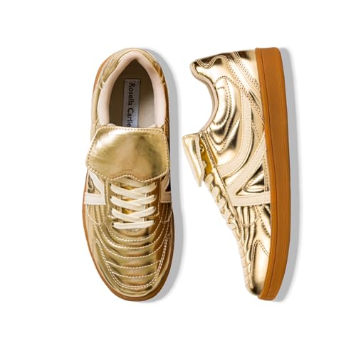 Rosella Carlie Sneakers for Women - Comfortable Casual Walking Tennis Shoes Non-Slip Shoes for Women - Lace-Up Fashion Sneakers Trendy Womens Footwear(Gold 9.5)