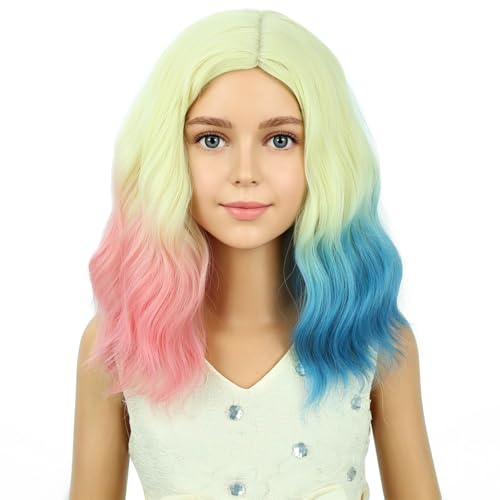 Image of PATTNIUM Blonde Ombre Pink Blue Wig Short Pink Blue Wigs Side Part Shoulder Length Wavy Heat Resistant Synthetic Wig