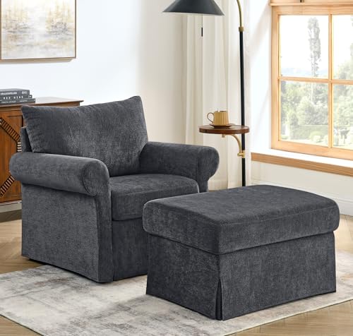Cozelegti 35.82” Accent Chair with Ottoman Upholstered Living Room Chairs for Reading Chair with Chaise Lounge Chairs Indoor, Comfortable Armchair for Bedroom (Gray, 35.82