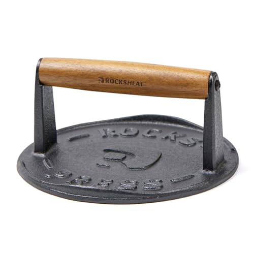 7 Inch Bacon Press, Heavy Duty Cast Iron Grill Press, 2.5 lbs Round Smash Burger Press with Wood Handle & Raised Edge, Food-Grade Griddle Press for Hamburger Bacon Seared Steak Sandwiches and Panini