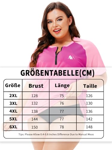 Arankhiger Damen Schwimmshirt Kurzarm Schnelltrocknend Badeshirt Übergröße Rashguard UV Schutzkleidung Rosa 3XL