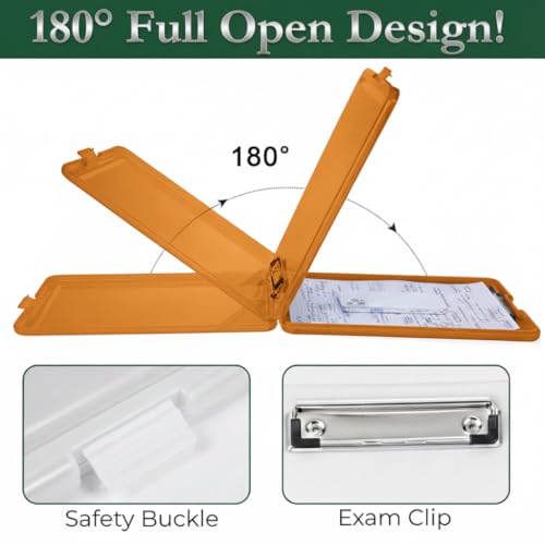 Image of Yajnas A4 Size Clipboard with Storage Box | 180 Foldable Exam Pad & Writing Board | Heavy Duty Plastic File Folder with Pen Holder & Paper Storage for Students, Office & Field Use (Saffron)