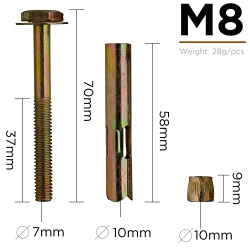 YoiYee M8*80mm Sleeve Anchor Hex Bolts, Heavy Duty Expansion Through Bolts for Concrete Brick & Masonry Fixings - Image 2