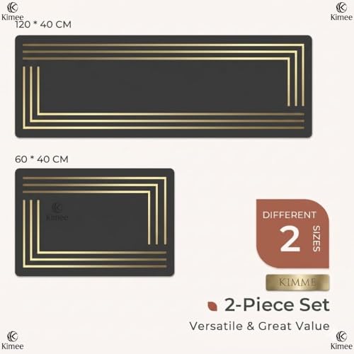Image of KIMEE Kitchen Runner Mat (40x120 and 40x60cm) - Elegant Gold line Anti-Fatigue Floor Rug, Non-Slip Rubber Backing, Waterproof & Washable Heavy Duty Dirt Trapper for Home, Kitchen, and Hallways