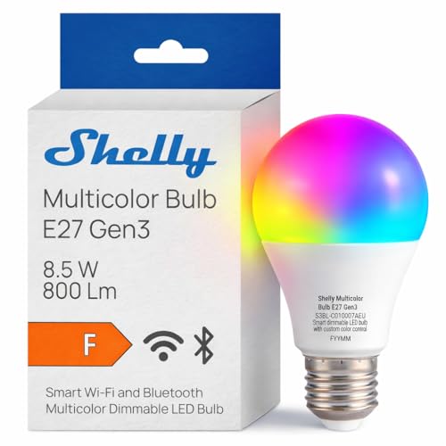 Shelly Multicolor Bulb E27 Gen3 – Ampoule LED Connectée Multicolore Wi-Fi et Bluetooth, Modes Couleur et Blanc 2700K–6500K, Dimmable 800 lm, 8.5W, Mode Nuit, Mesure de Consommation, Alexa, Google Home