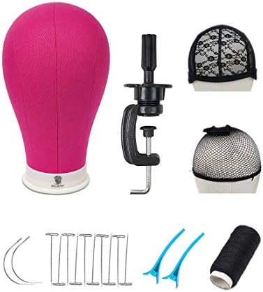 22 Inch Canvas Block Head Mannequin Wig Head With Stand Pink Styling Mannequin Block Head Set Display Mannequin Head with Mount Holes(Rosy Head)