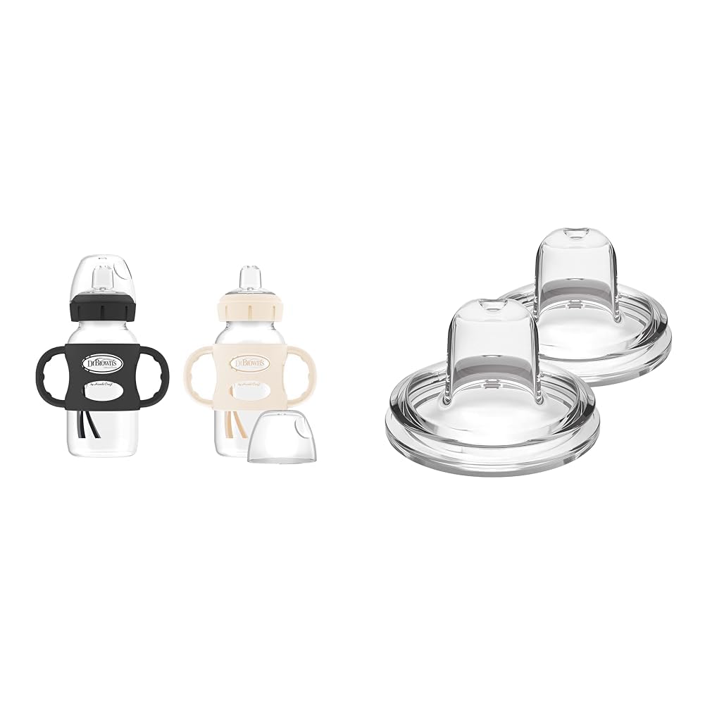 Dr. Brown's Milestones Wide-Neck Sippy Spout Bottle with 100% Silicone Handles, Easy-Grip Handles & Options+ Wide-Neck Baby Bottle Sippy Spout, 2Count