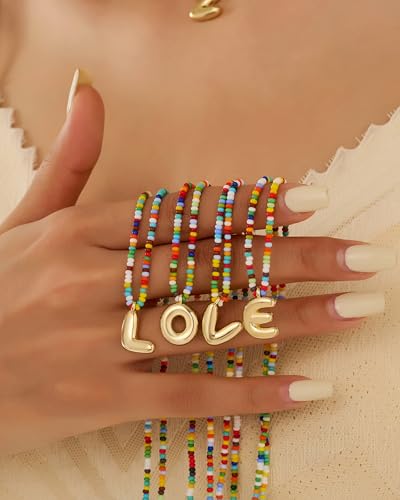 Initial Necklace for Women Cute Colorful Beaded Charm Necklaces Bohemian Colorful Letter Necklaces Personalized Bubble Necklace Trendy Choker for Women Jewelry Gift4