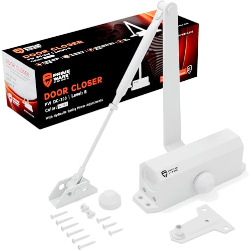 PrimeWare DC-300 Adjustable Automatic Door Closers for Home | Soft Close No Slam | Residential and Commercial Door Closer | Level 3 | for Doors Weighing 90-140 lbs | Hydraulic Door Spring - White