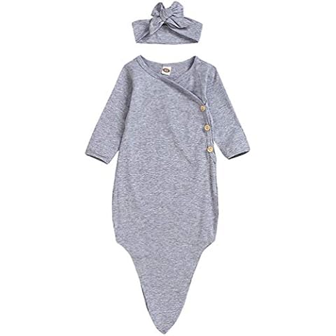 Newborn Baby Cotton Solid Color Nightgown Swaddle Wrap Knotted Sleepwear Sleeping Bags + Warm Headband (Grey, 0-6Months) Cover