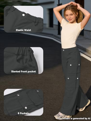 Image of SANGTREE Girls Wide Leg Cargo Pants Multi Pocket,6-14 Years | Cotton High Waist Baggy Trousers with Pockets Teen Y2K Streetwear School Pants| Back-to-school,Outdoor Play