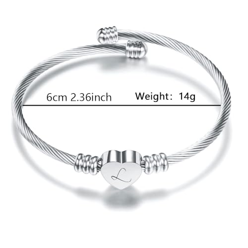 KENYG Delicate Silver Love Heart 26 Initial Letter Alphabet A-Z Cuff Bracelet Open Bangle Adjustable Jewellery Gift For Daughter Son Sisters Friends Mom Colleague Lover Birthday Christmas (L) - Image 2